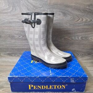 Pendleton Madison Rain Boots Womens 10 Black White Glen‎ Plaid Houndstooth NEW